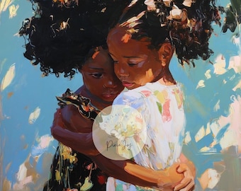 May include: An oil painting depicting two children with dark curly hair embracing each other. One child wears a black floral dress, and the other wears a white floral dress. The background features blue tones and foliage. A circular logo reads Love Laugh Art Pixie Joy.