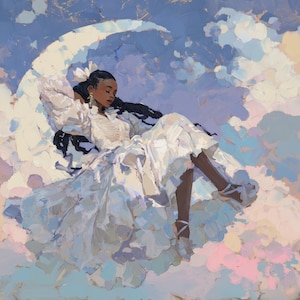 May include: An oil painting depicts a person reclining on a crescent moon amidst fluffy clouds. The person wears a white dress and shoes, with long black hair. The background features a sky of blues, pinks, and yellows.
