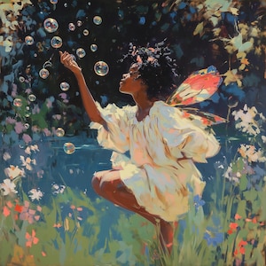 May include: An oil painting depicts a person with dark skin and curly hair, dressed in a white dress, reaching towards floating bubbles. The person has colorful butterfly wings. The background features a pond, flowers, and foliage.