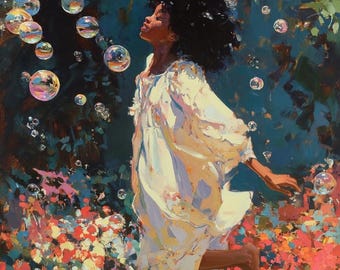 May include: An oil painting shows a person in a white dress leaping amongst bubbles. The background features colourful flowers and greenery, with a dark blue sky. The artwork captures a moment of carefree happiness and joy.