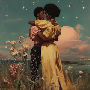 May include: An artistic painting depicts two figures embracing, set against a backdrop of a starry sky and a coastal landscape. One figure wears a pink top and black pants, while the other is in a flowing yellow dress. Wildflowers are in the foreground.