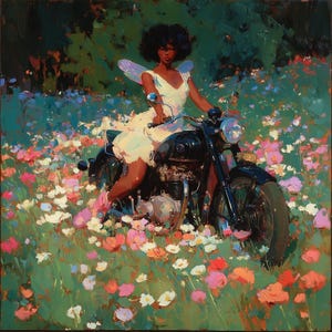 May include: An oil painting depicts a person on a black motorcycle in a field of colorful flowers. The person wears a white dress and fairy wings. The flowers are pink, orange, and white, set against a green background.