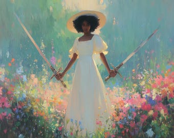 May include: An artistic painting depicts a person in a white dress and hat, holding two swords in a field of colorful flowers. The artwork has a soft, painterly style with a focus on light and color.