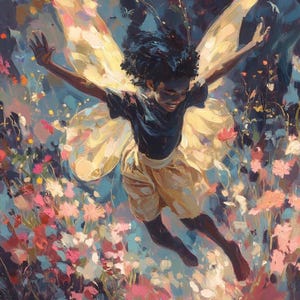 May include: An artistic painting of a person with dark skin, wearing a dark blue shirt and tan shorts, with large, yellow butterfly wings. The person is smiling and appears to be floating among colorful flowers, with a blue and green background.