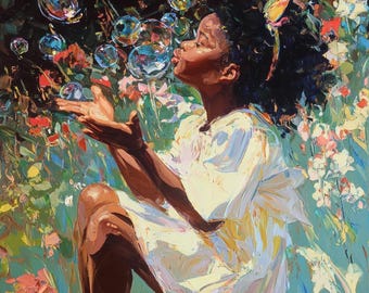 May include: An oil painting shows a person blowing bubbles amidst flowers. The person wears a white dress and has dark hair. The bubbles are iridescent, reflecting the colours of the flowers and sky. The artwork has a dreamy quality.