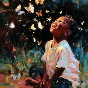 May include: A vibrant painting depicts a child sitting amidst lush greenery, gazing upwards with an open mouth. Butterflies of various colors, including orange, white, and blue, flutter around the child, creating a whimsical and joyful scene.