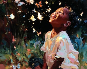 May include: A colourful painting shows a child sitting in a garden, looking up with an open mouth. Butterflies in shades of orange, white, and blue are flying around the child, creating a whimsical and joyful scene.