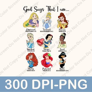 Princesses God Says I Am Png, Christian Kids Shirt Png, Retro Tshirt Design, Disney Princess Png, Ready to Print, Sublimation Design