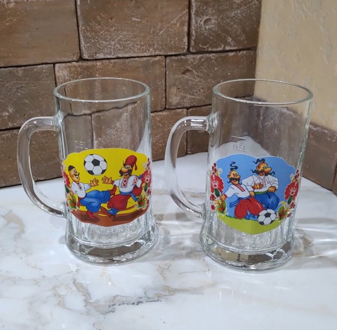 2 Large Glass Beer Mugs. Souvenir Glasses of Beer. Cossacks Are a
