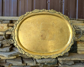 Antique oval brass tray with handles.Large oval engraved plate.Metal ring/plate.Dish with Egyptian motifs.