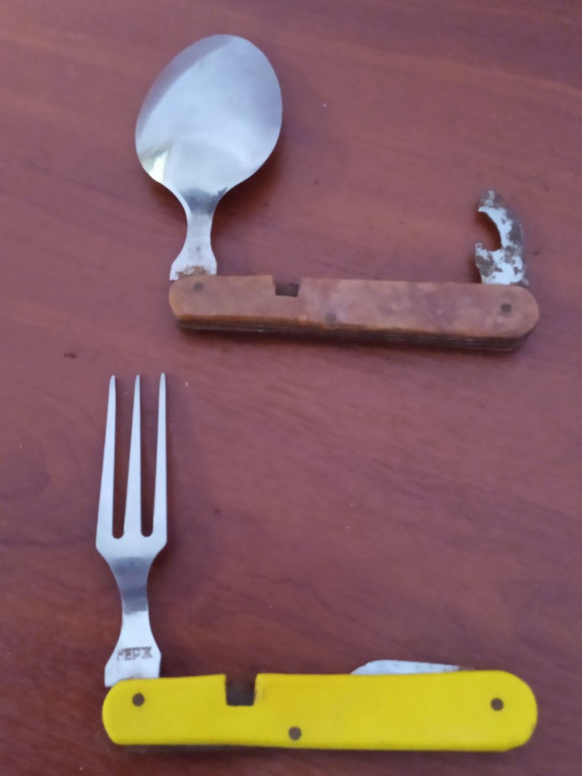 Vintage Folding Camping Set of Spoon and Fork. Collectible Spoon and