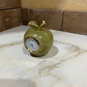 Handmade Miniature Onyx Apple Clock, Vintage Stone Desk Clock, Office Decor, Valentine&#39;s Day Gift.
