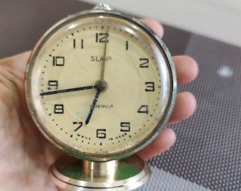 Antique alarm clock"SLAVA"green.Antique miniature table clock with 11 jewels.Retro alarm clocks of the USSR.Present.Office/home decor.