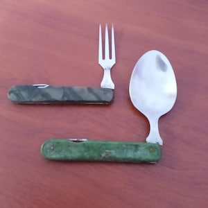 Vintage folding camping set of spoon and fork. Collectible spoon and fork.  Camping