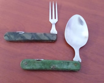 Vintage folding camping set of spoon and fork. Collectible spoon and fork.  Camping