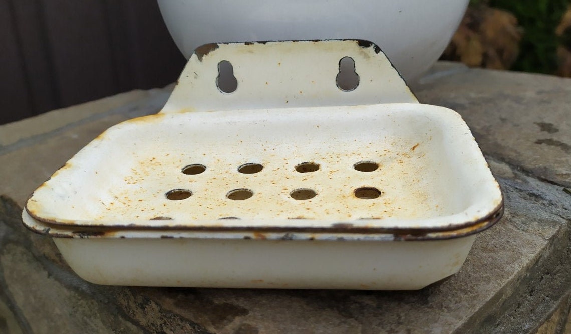 Vintage Metal Soap Dish.soap Box in the Bathroom.an Enamelled White