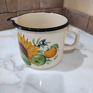 Large metal cup with the image of vegetables and fruits. Vintage enamel jug with spout. Enamelware of the USSR. Kitchen decor.