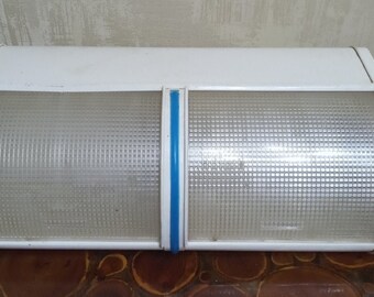 Vintage white enamelled bread storage box. Bread box made of two metal sections. Farmhouse kitchen decor. Retro bread box.