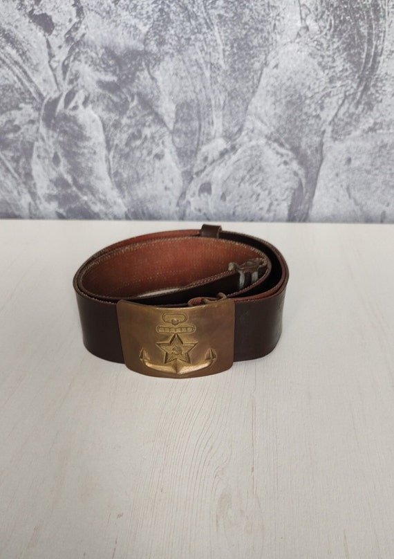Vintage Leather Sailor Belt USSR, Brass Anchor Buckle  display picture 1