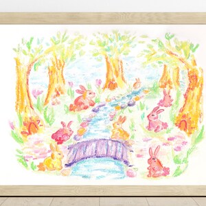 Bunny Hallow Poster | Cute Animal Print | Colorful Bunny Art | Matte Wall Art for Kids | Easter Decor | Rabbit Illustration | Bunny Drawing
