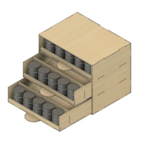 Hobby paint rack with drawer | Up to 42mm diameter paint | Laser cut files | Modular | 2D DXF SVG files | Glowforge