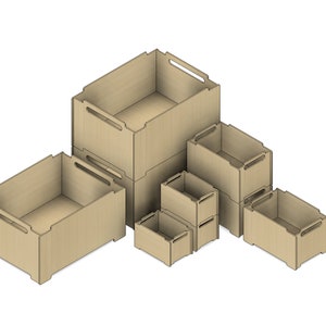 Configurable/Stackable | Storage crates | Storage cases | Organizers | Three sizes | Laser cut files | 2D DXF SVG files | Glowforge