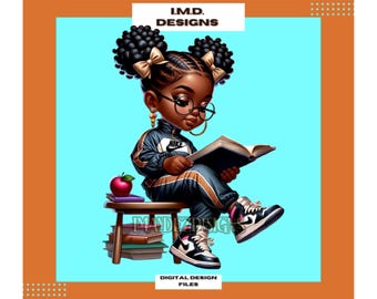 Puede incluir: Ilustración digital de una niña negra con gafas, leyendo un libro mientras está sentada. Lleva un chándal negro y dorado y zapatillas deportivas. Una manzana y libros están sobre una pequeña mesa. La imagen incluye el texto "I.M.D. DESIGNS" y "DIGITAL DESIGN FILES".