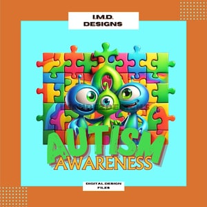 May include: A digital design featuring two cartoon aliens with a puzzle piece background. The text "AUTISM AWARENESS" is in green and white letters. The design is for digital download.