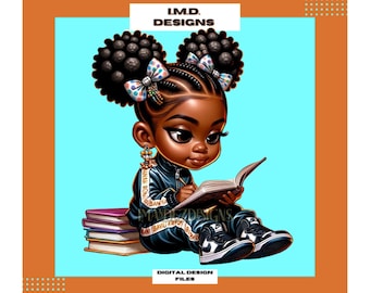 Puede incluir: Una ilustración digital de una joven negra con trenzas y lazos coloridos, vistiendo una chaqueta negra y blanca, sentada con un libro en su regazo y un lápiz en la mano. Está rodeada de una pila de libros.