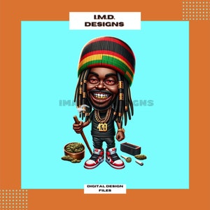 Könnte beinhalten: Eine Cartoon-Illustration einer Person mit Dreadlocks, die einen schwarz-roten Hut mit gelbem Streifen, ein schwarzes Shirt mit der Nummer 420 darauf und rot-weiße Turnschuhe trägt. Die Person hält einen Holzstock und auf dem Boden liegen Marihuana-Blätter und ein Grinder.