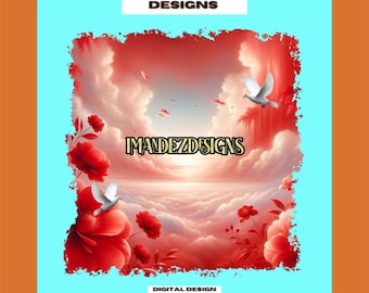 Memorial PNG template, center print memorial, red floral print design, memorial background, instant download, png template, rip template
