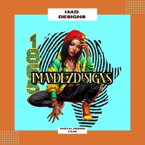 May include: A digital design featuring a woman with a red and green patterned jacket, black pants, and a red hat. The woman is sitting on a black and white fingerprint design. The text "IMANDEZDESIGNS" is in gold letters on a black background. The text "I.M.D. DESIGNS" is in white letters on a black background. The text "DIGITAL DESIGN FILES" is in white letters on a black background.
