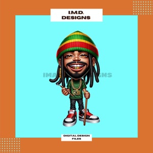 Könnte beinhalten: Eine Cartoon-Illustration einer Person mit Dreadlocks, die eine grün-gelb-rote Mütze, ein grünes Hemd mit einer goldenen Halskette, auf der "420" steht, eine schwarze Hose und rot-schwarze Turnschuhe trägt. Die Person hält in der einen Hand einen Pinsel und in der anderen einen Spazierstock.