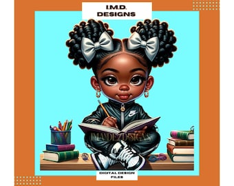 Puede incluir: Diseño digital que presenta a una niña de dibujos animados con piel oscura, cabello rizado y lazos plateados. Lleva una chaqueta negra y zapatillas deportivas, escribiendo en un libro. La imagen incluye texto: "I.M.D. DESIGNS", "IMANDEZDESIGNS" y "DIGITAL DESIGN FILES".