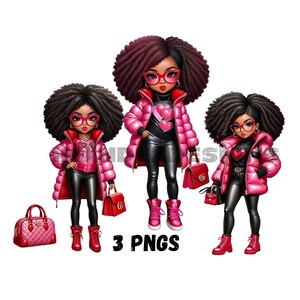 Chibi young woman png, african american woman png, stylish woman valentine clipart , cute chibi doll png, instant download, digital download