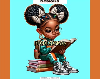 Puede incluir: Una ilustración digital de una joven negra con el pelo grande y rizado, que lleva gafas y un atuendo verde y naranja. Está sentada sobre una pila de libros y sostiene un libro abierto en sus manos. El fondo es de color azul claro. El texto "IMANDEZDESIGNS" es visible en la imagen.