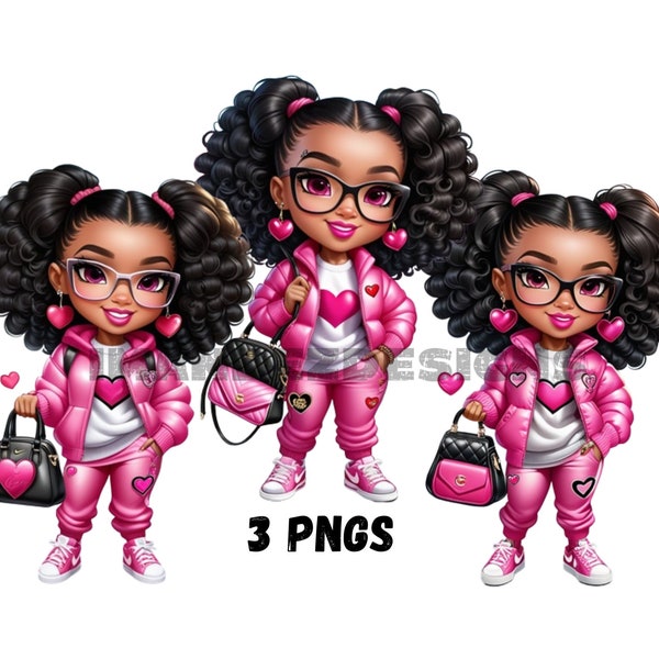 Chibi Doll Clipart, Black Girl Clipart, fashionable woman clipart wearing pink sweatsuit, instant download, digital download, black girl png