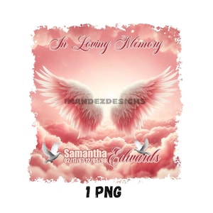 Memorial PNG template, center print memorial, pink angel wings design, memorial background, instant download, png template, rip template