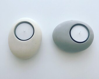 Set of 2 Pebble Tealight Holders with free postage.  Homemade stonecast / concrete pebble tealight holders perfect for gifts.