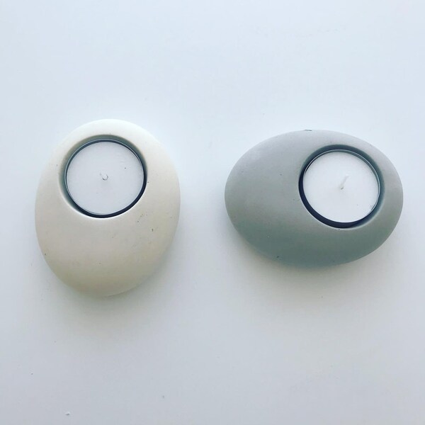Set of 2 Pebble Tealight Holders with free postage.  Homemade stonecast / concrete pebble tealight holders perfect for gifts.