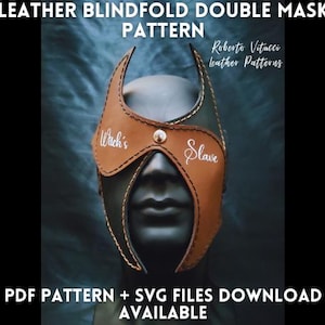 May include: A brown leather blindfold mask with the words "Witch's" and "Slave" embroidered on it. The mask is being worn by a mannequin with a dark green background. PDF pattern and SVG files are available for download.