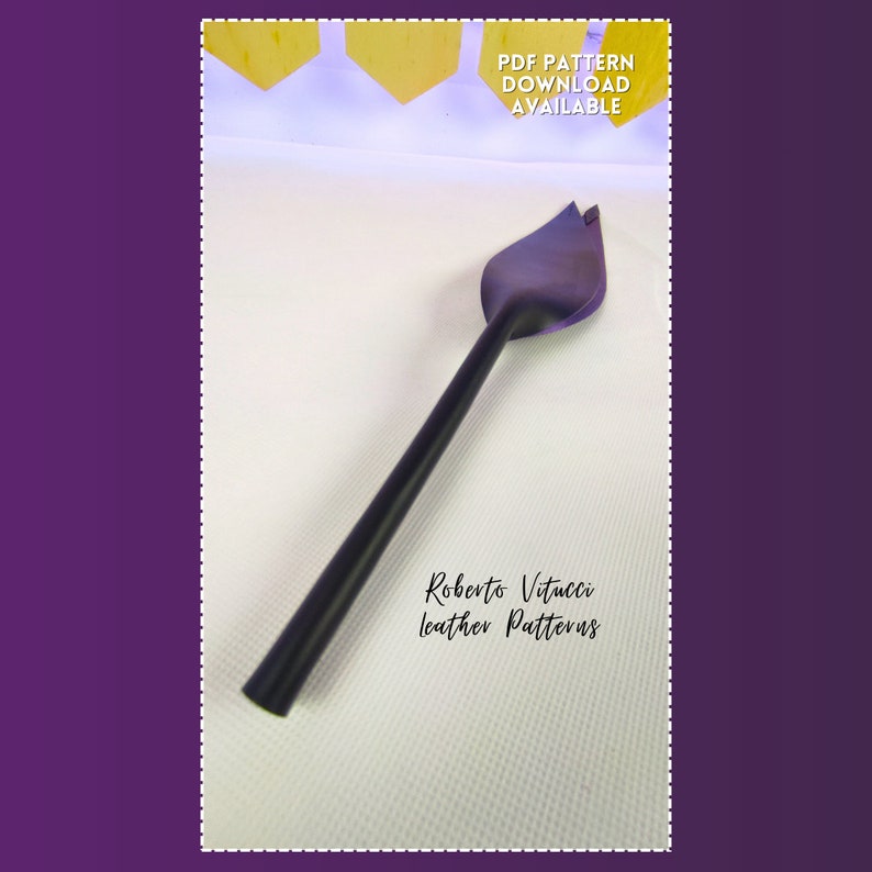 May include: A black leather working tool with a leaf-shaped head and a long handle. The tool is set against a white background. Text on the image reads "PDF PATTERN DOWNLOAD AVAILABLE" and "Roberto Vitucci leather Patterns".