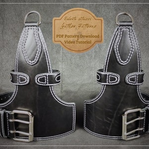 May include: Two black leather dog harnesses with white stitching and silver buckles. The harnesses are designed for a dog's chest and have a loop at the top for attaching a leash.  "Roberto Situcci Leather Patterns PDF Pattern Download + Video Tutorial"