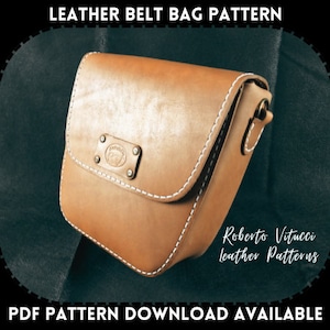 May include: A brown leather belt bag with white stitching and a metal clasp. The bag has a flap with a decorative metal piece. The text "Roberto Vitucci Leather Patterns" is visible in the bottom right corner of the image.