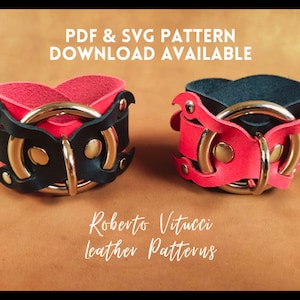 May include: Two leather bracelets with a metal ring and decorative stitching. The bracelets are black and red. The text "PDF & SVG PATTERN DOWNLOAD AVAILABLE" and "Roberto Vitucci Leather Patterns" is visible.