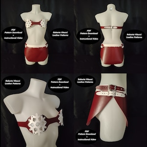 May include: Four images showing a red leather bikini with white accents and a matching skirt. The skirt has a belt with two buckles. The images show the front, back, and side views of the bikini and skirt. The text "PDF Pattern Download + Instructional Video" and "Roberto Vitucci Leather Patterns" is visible in the images.