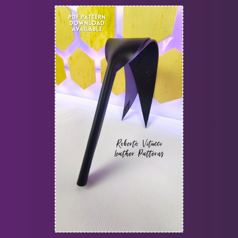 May include: A black leather object with a curved top and a long, thin handle. The text "PDF PATTERN DOWNLOAD AVAILABLE" is at the top, and "Roberto Vitucci leather Patterns" is at the bottom.