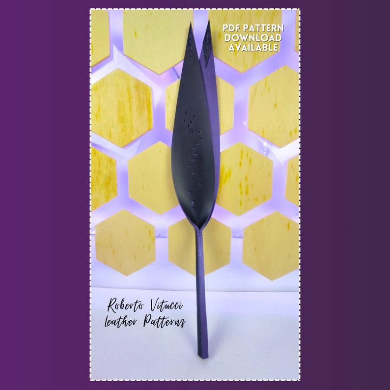 May include: A dark gray leather pattern shaped like a leaf, with a long stem, set against a background of yellow honeycomb shapes. The text "PDF PATTERN DOWNLOAD AVAILABLE" is visible. The text "Roberto Vitucci leather Patterns" is also visible.