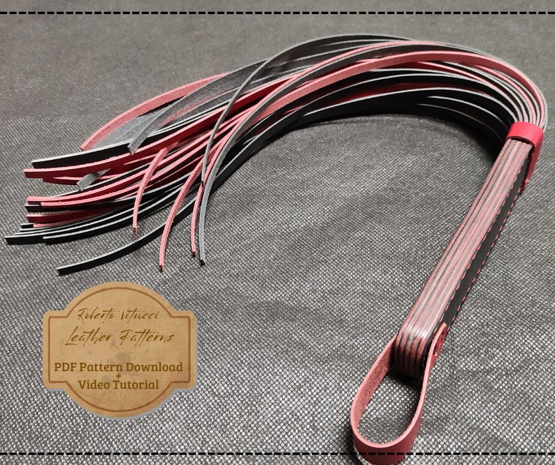 May include: A red and black leather whip with a braided handle. The whip is made of multiple strands of leather that are woven together. The handle is decorated with a stitched design. The image includes the text "Roberto Vitucci Leather Patterns PDF Pattern Download + Video Tutorial".