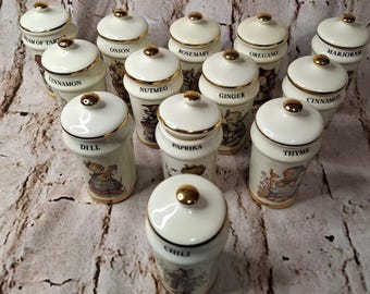 Vintage  13pc Goebel Hummel Porcelain Spice JarsGold Trim Japan 1980's